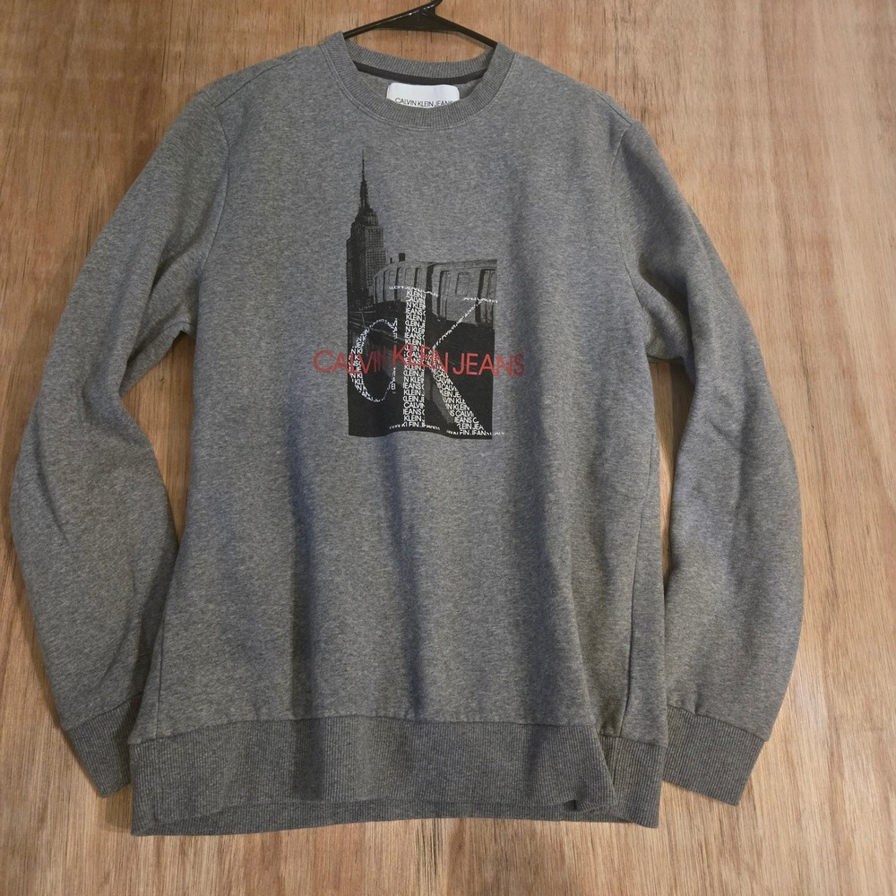 Calvin Klein Jeans Mens Gray NYC Graphic Logo Crewneck Sweatshirt Sz Large NWOT